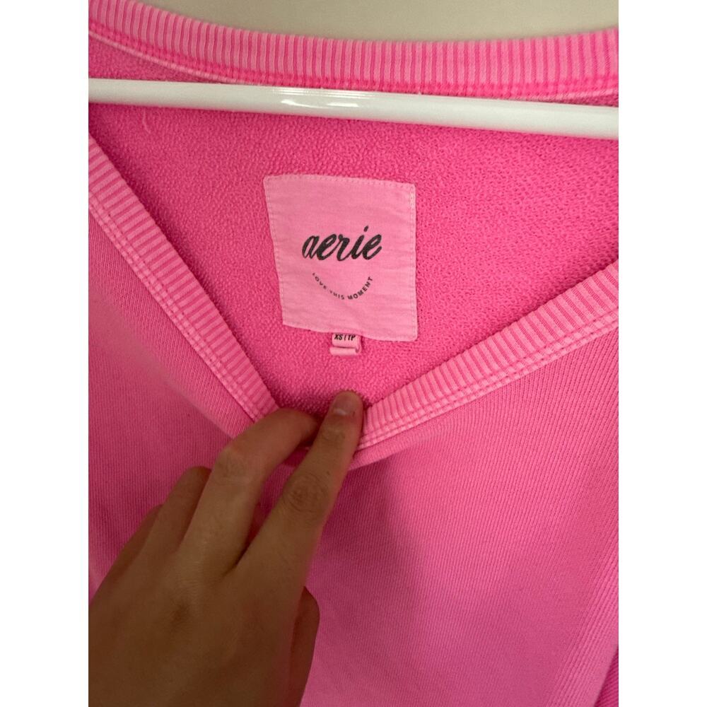 Aerie | Hot Pink Garment Dyed Off the Shoulder Preppy Crewneck Pullover Lounge - Picture 5 of 11